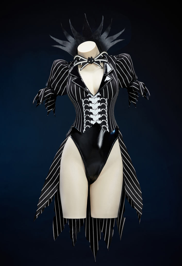 Sweet Nightmare Halloween Sexy Bunny Girl Suit Black White Striped Irregular Bodysuit with Sleeves and Socks Sweet Nightmare Halloween Sexy Bunny Girl Suit Black White Striped Irregular Bodysuit with Sleeves and Socks
