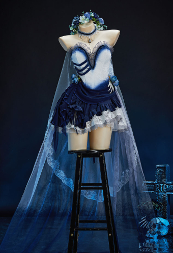 The Bride Halloween Gothic White Blue Corpse Bride Dress Dark Style Irregular Tube Dress with Tail Skirt and Veil