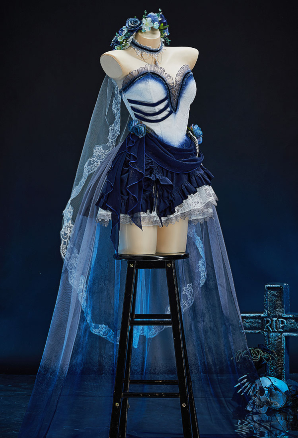 The Bride Halloween Gothic White Blue Corpse Bride Dress Dark Style Irregular Tube Dress with Tail Skirt and Veil