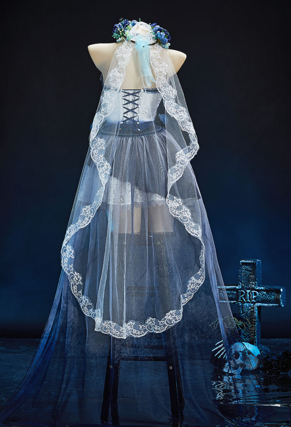 The Bride Halloween Gothic White Blue Corpse Bride Dress Dark Style Irregular Tube Dress with Tail Skirt and Veil