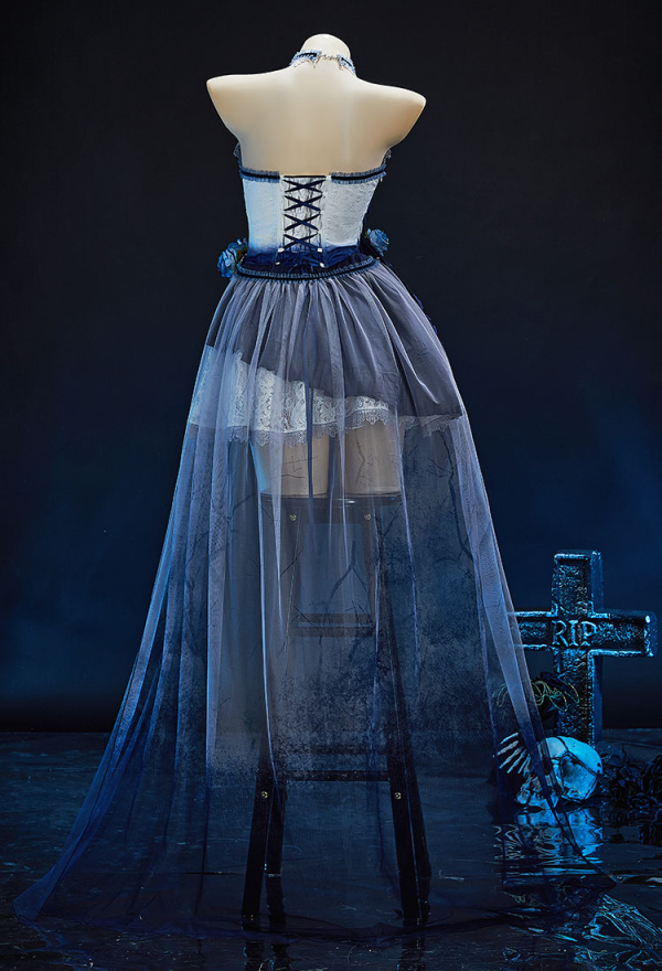 The Bride Halloween Gothic White Blue Corpse Bride Dress Dark Style Irregular Tube Dress with Tail Skirt and Veil
