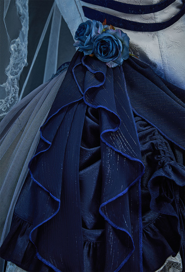 The Bride Halloween Gothic White Blue Corpse Bride Dress Dark Style Irregular Tube Dress with Tail Skirt and Veil