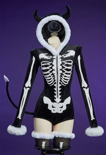 Bone To Be Wild Halloween Gothic Black White Skull Pattern Fluffy Bodycon Romper Homewear Sexy Lingerie Furry Hooded Bodysuit with Tail and Socks