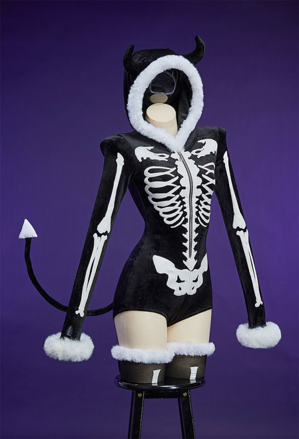 Bone To Be Wild Halloween Gothic Black White Skull Pattern Fluffy Bodycon Romper Homewear Sexy Lingerie Furry Hooded Bodysuit with Tail and Socks