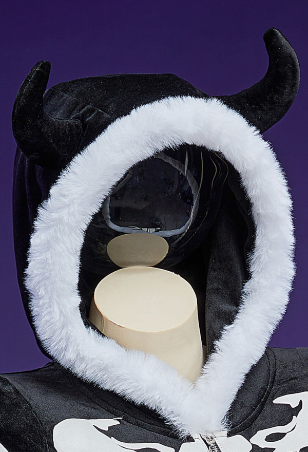 Bone To Be Wild Halloween Gothic Black White Skull Pattern Fluffy Bodycon Romper Homewear Sexy Lingerie Furry Hooded Bodysuit with Tail and Socks