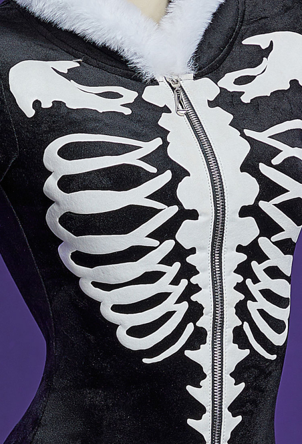 Bone To Be Wild Halloween Gothic Black White Skull Pattern Fluffy Bodycon Romper Homewear Sexy Lingerie Furry Hooded Bodysuit with Tail and Socks