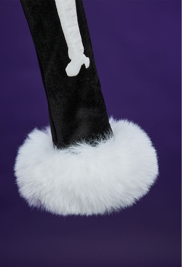 Bone To Be Wild Halloween Gothic Black White Skull Pattern Fluffy Bodycon Romper Homewear Sexy Lingerie Furry Hooded Bodysuit with Tail and Socks