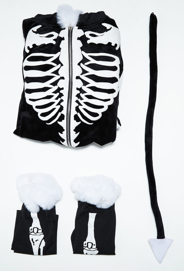 Bone To Be Wild Halloween Gothic Black White Skull Pattern Fluffy Bodycon Romper Homewear Sexy Lingerie Furry Hooded Bodysuit with Tail and Socks