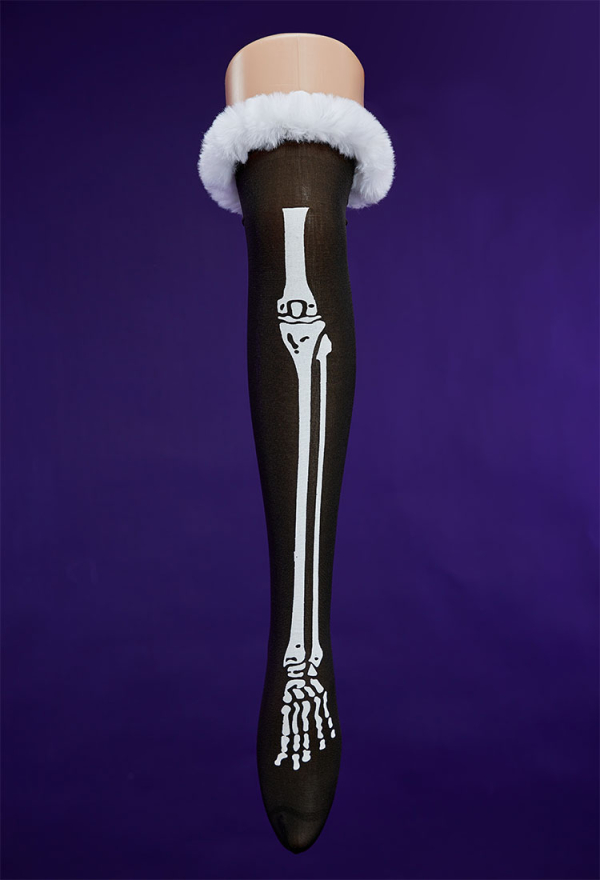 Bone To Be Wild Halloween Gothic Black White Skull Pattern Fluffy Bodycon Romper Homewear Sexy Lingerie Furry Hooded Bodysuit with Tail and Socks
