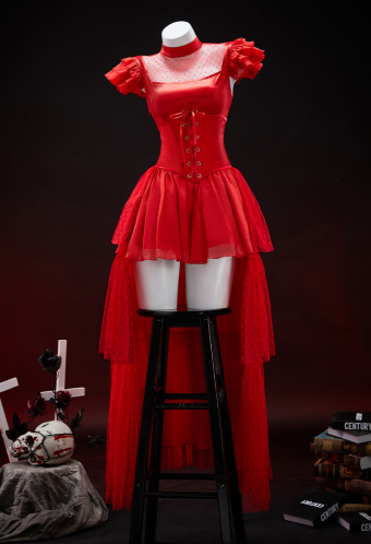 Graveyard Glam Halloween Red Dress Set Polka Dot Mesh Patchwork Dress with Corseted Trailing Tail and Veil