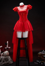 Graveyard Glam Halloween Red Dress Set Polka Dot Mesh Patchwork Dress with Corseted Trailing Tail and Veil