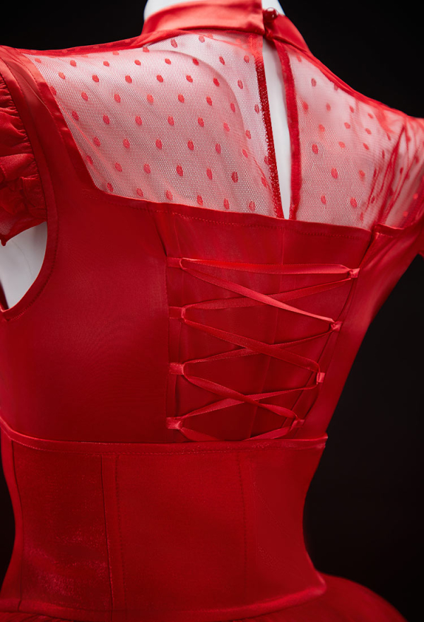 Graveyard Glam Halloween Red Dress Set Polka Dot Mesh Patchwork Dress with Corseted Trailing Tail and Veil Graveyard Glam Halloween Red Dress Set Polka Dot Mesh Patchwork Dress with Corseted Trailing Tail and Veil