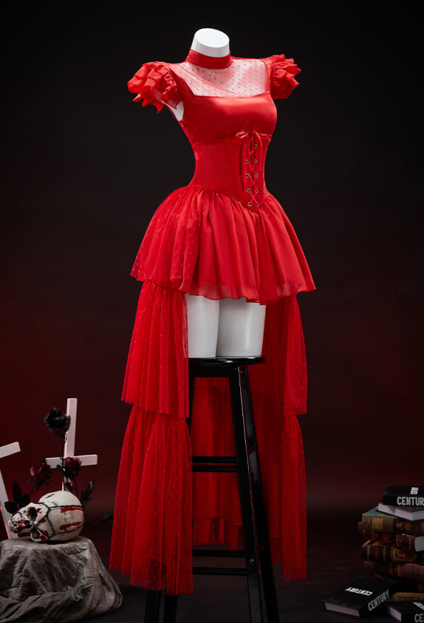 Graveyard Glam Halloween Red Dress Set Polka Dot Mesh Patchwork Dress with Corseted Trailing Tail and Veil Graveyard Glam Halloween Red Dress Set Polka Dot Mesh Patchwork Dress with Corseted Trailing Tail and Veil