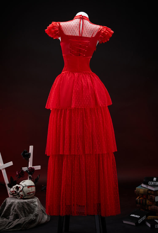 Graveyard Glam Halloween Red Dress Set Polka Dot Mesh Patchwork Dress with Corseted Trailing Tail and Veil Graveyard Glam Halloween Red Dress Set Polka Dot Mesh Patchwork Dress with Corseted Trailing Tail and Veil