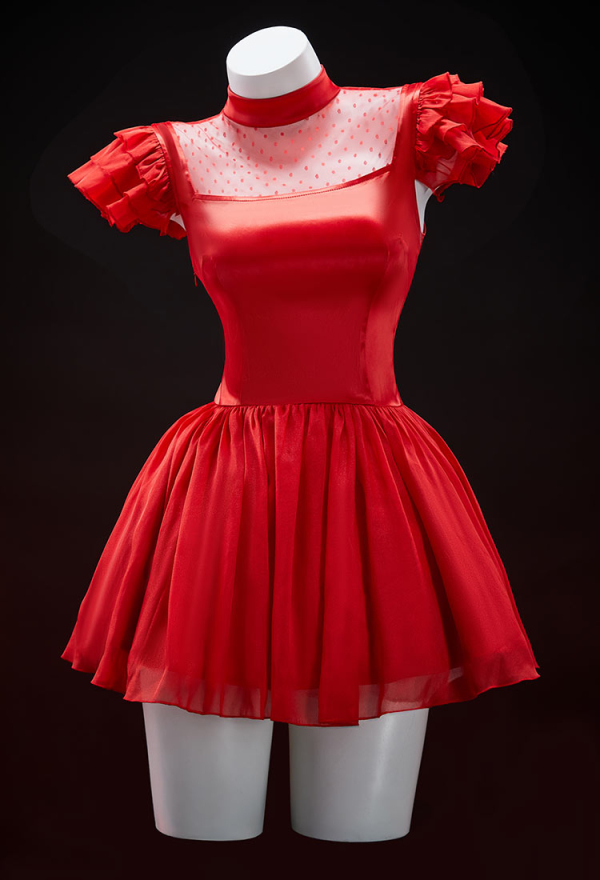 Graveyard Glam Halloween Red Dress Set Polka Dot Mesh Patchwork Dress with Corseted Trailing Tail and Veil Graveyard Glam Halloween Red Dress Set Polka Dot Mesh Patchwork Dress with Corseted Trailing Tail and Veil
