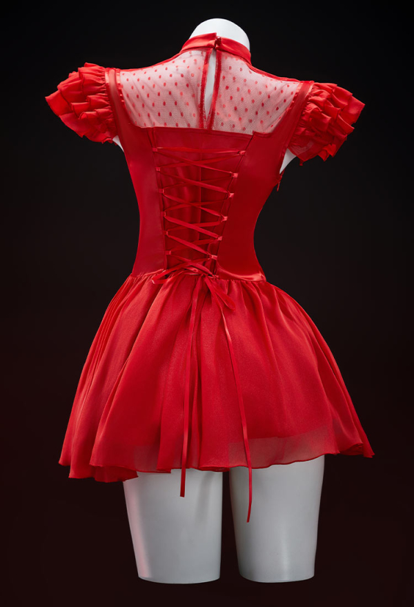 Graveyard Glam Halloween Red Dress Set Polka Dot Mesh Patchwork Dress with Corseted Trailing Tail and Veil Graveyard Glam Halloween Red Dress Set Polka Dot Mesh Patchwork Dress with Corseted Trailing Tail and Veil