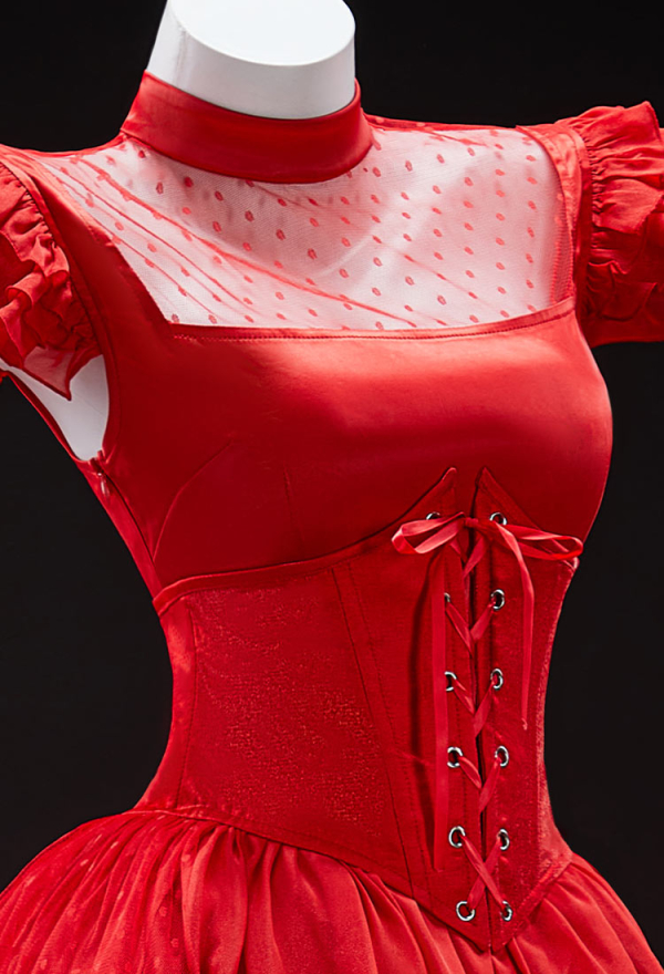 Graveyard Glam Halloween Red Dress Set Polka Dot Mesh Patchwork Dress with Corseted Trailing Tail and Veil Graveyard Glam Halloween Red Dress Set Polka Dot Mesh Patchwork Dress with Corseted Trailing Tail and Veil
