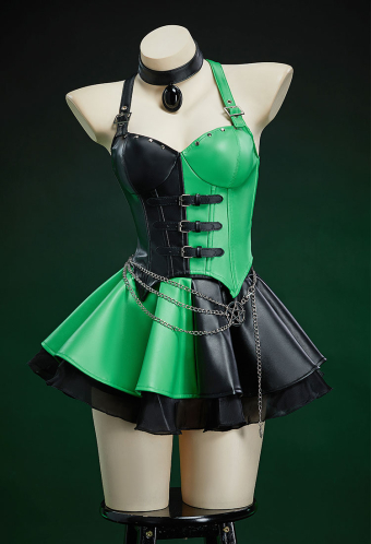 Green Menace Gothic Black Green Symmetrical Colorblocked Corset Skirt Set Top and Skirt with Choker and Waist Chain