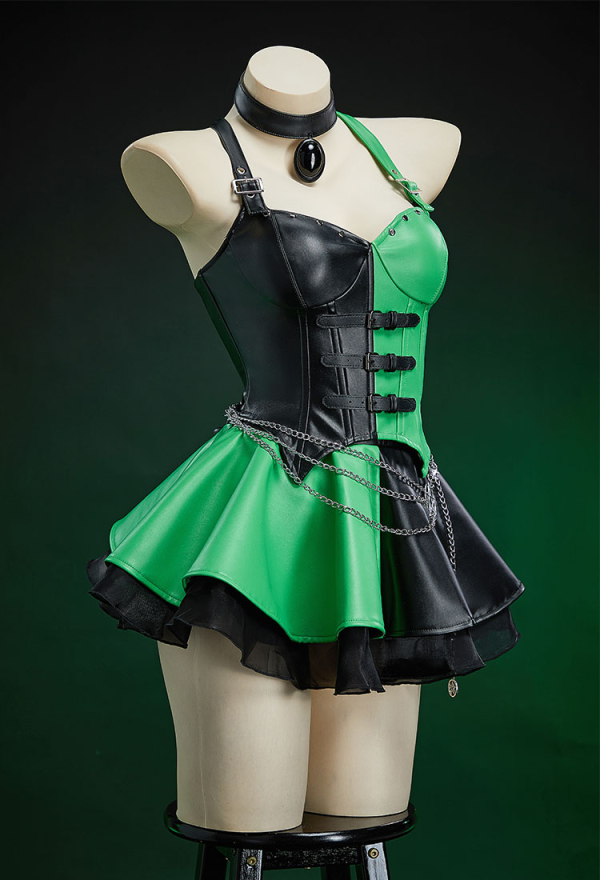 Green Menace Gothic Black Green Symmetrical Colorblocked Corset Skirt Set Top and Skirt with Choker and Waist Chain Green Menace Gothic Black Green Symmetrical Colorblocked Corset Skirt Set Top and Skirt with Choker and Waist Chain