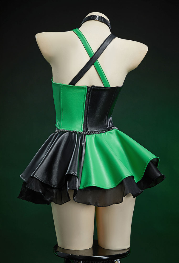 Green Menace Gothic Black Green Symmetrical Colorblocked Corset Skirt Set Top and Skirt with Choker and Waist Chain Green Menace Gothic Black Green Symmetrical Colorblocked Corset Skirt Set Top and Skirt with Choker and Waist Chain