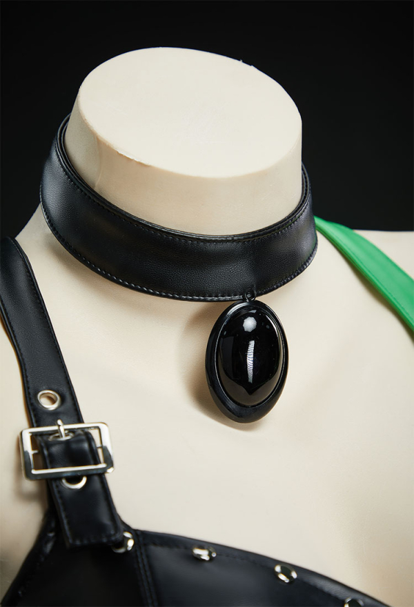 Green Menace Gothic Black Green Symmetrical Colorblocked Corset Skirt Set Top and Skirt with Choker and Waist Chain Green Menace Gothic Black Green Symmetrical Colorblocked Corset Skirt Set Top and Skirt with Choker and Waist Chain