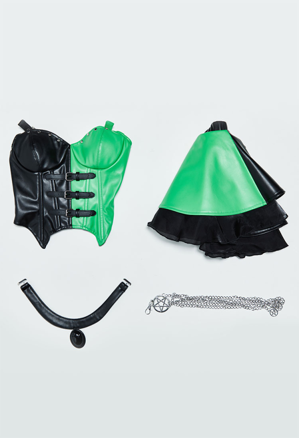 Green Menace Gothic Black Green Symmetrical Colorblocked Corset Skirt Set Top and Skirt with Choker and Waist Chain Green Menace Gothic Black Green Symmetrical Colorblocked Corset Skirt Set Top and Skirt with Choker and Waist Chain