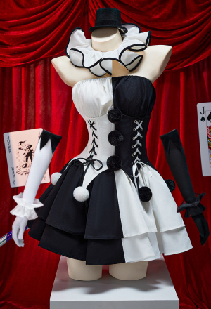Moonlit Jester Halloween Gothic Black White Corset Skirt Set Tube Top and Corset with Skirt and Stockings