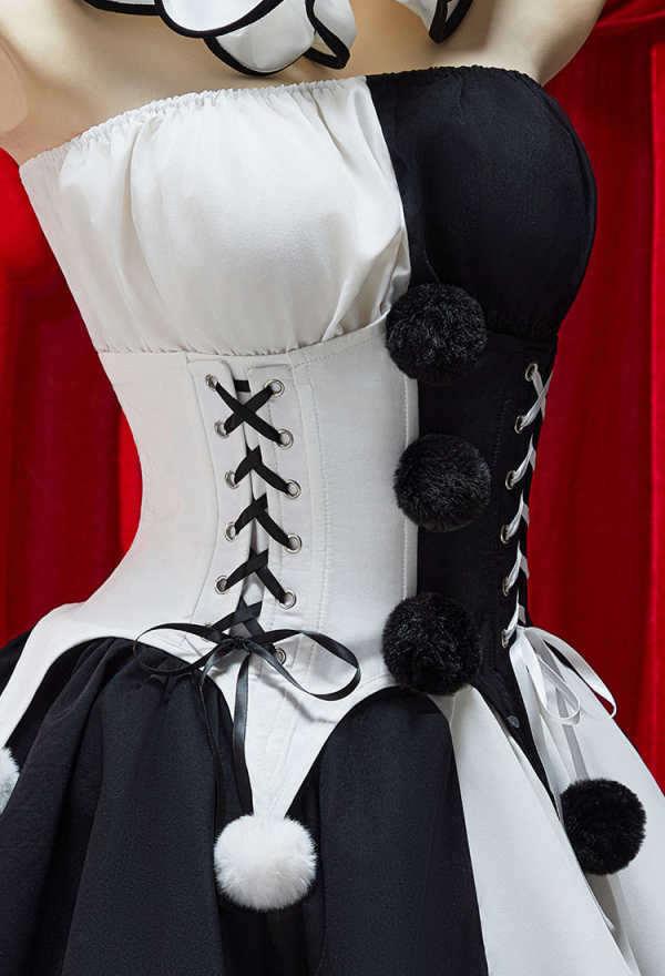 Moonlit Jester Halloween Gothic Black White Corset Skirt Set Tube Top and Corset with Skirt and Stockings Moonlit Jester Halloween Gothic Black White Corset Skirt Set Tube Top and Corset with Skirt and Stockings