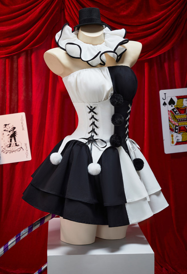Moonlit Jester Halloween Gothic Black White Corset Skirt Set Tube Top and Corset with Skirt and Stockings Moonlit Jester Halloween Gothic Black White Corset Skirt Set Tube Top and Corset with Skirt and Stockings