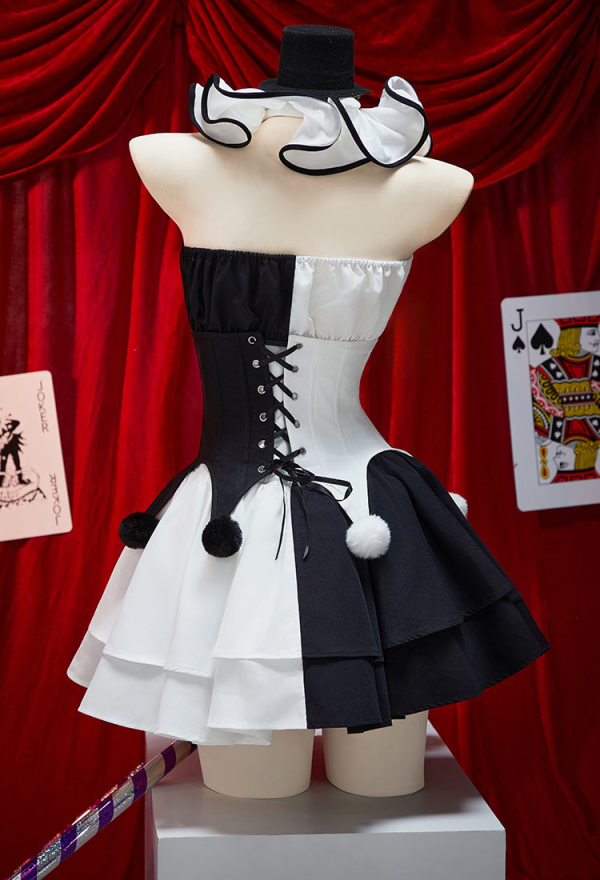 Moonlit Jester Halloween Gothic Black White Corset Skirt Set Tube Top and Corset with Skirt and Stockings Moonlit Jester Halloween Gothic Black White Corset Skirt Set Tube Top and Corset with Skirt and Stockings