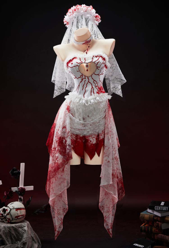 Crimson Veil Halloween Red White Bloody Bride Set Gothic Tube Top and Skirt with Headband and Gloves