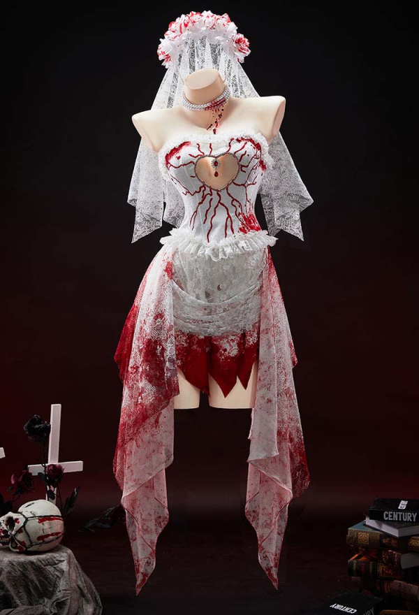 Crimson Veil Halloween Red White Bloody Bride Set Gothic Tube Top and Skirt with Headband and Gloves Crimson Veil Halloween Red White Bloody Bride Set Gothic Tube Top and Skirt with Headband and Gloves