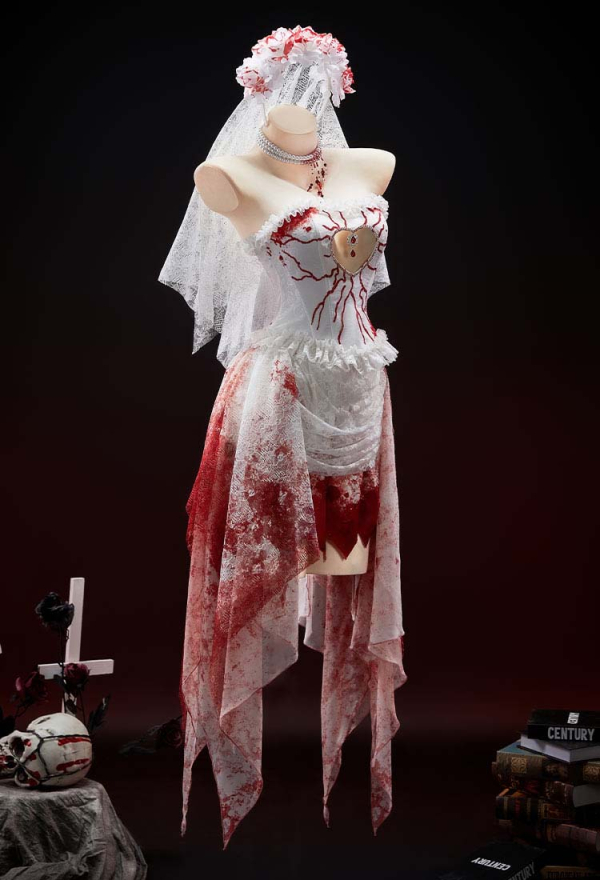 Crimson Veil Halloween Red White Bloody Bride Set Gothic Tube Top and Skirt with Headband and Gloves Crimson Veil Halloween Red White Bloody Bride Set Gothic Tube Top and Skirt with Headband and Gloves