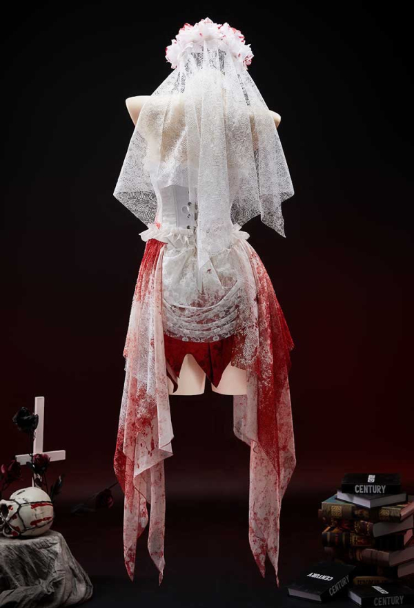 Crimson Veil Halloween Red White Bloody Bride Set Gothic Tube Top and Skirt with Headband and Gloves Crimson Veil Halloween Red White Bloody Bride Set Gothic Tube Top and Skirt with Headband and Gloves