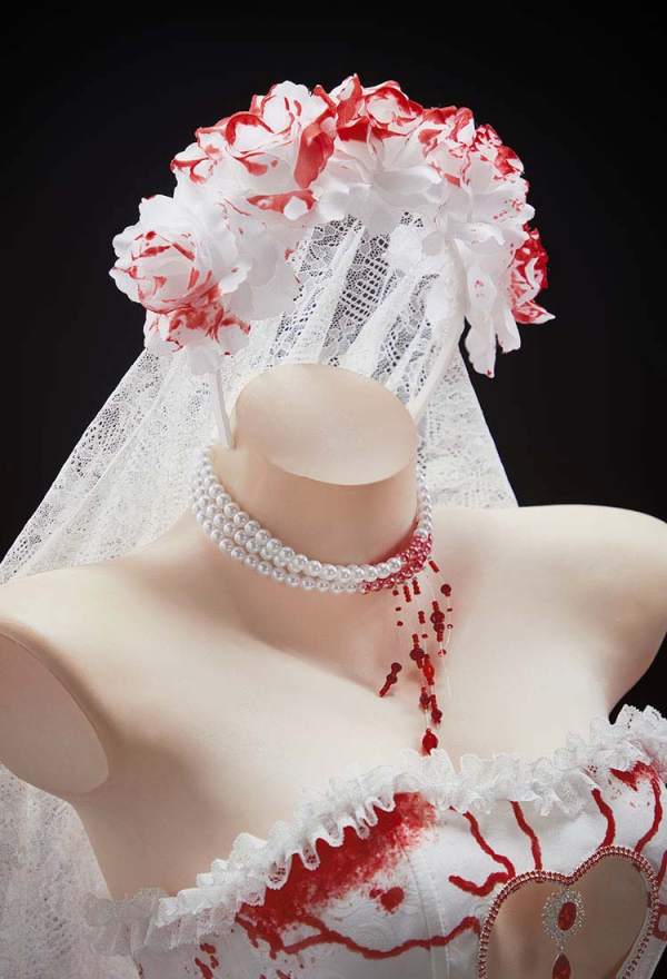 Crimson Veil Halloween Red White Bloody Bride Set Gothic Tube Top and Skirt with Headband and Gloves Crimson Veil Halloween Red White Bloody Bride Set Gothic Tube Top and Skirt with Headband and Gloves