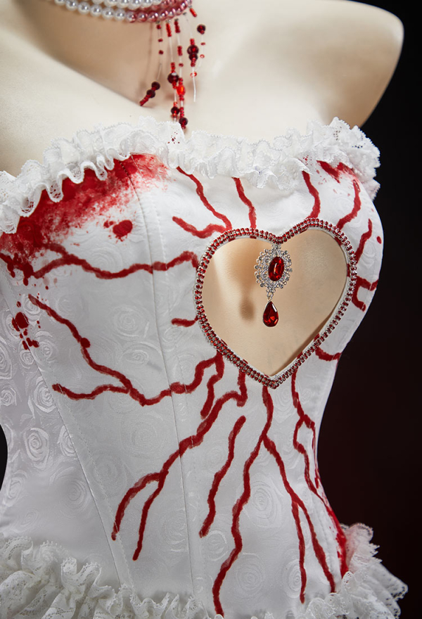 Crimson Veil Halloween Red White Bloody Bride Set Gothic Tube Top and Skirt with Headband and Gloves Crimson Veil Halloween Red White Bloody Bride Set Gothic Tube Top and Skirt with Headband and Gloves
