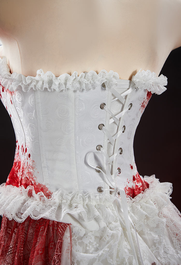 Crimson Veil Halloween Red White Bloody Bride Set Gothic Tube Top and Skirt with Headband and Gloves Crimson Veil Halloween Red White Bloody Bride Set Gothic Tube Top and Skirt with Headband and Gloves