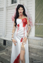 Crimson Veil Halloween Gothic White Red Patchwork Blood Bridal Dress Dark Style Split Gown Dress with Veil