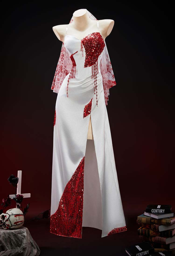 Crimson Veil Halloween Gothic White Red Patchwork Blood Bridal Dress Dark Style Split Gown Dress with Veil Crimson Veil Halloween Gothic White Red Patchwork Blood Bridal Dress Dark Style Split Gown Dress with Veil