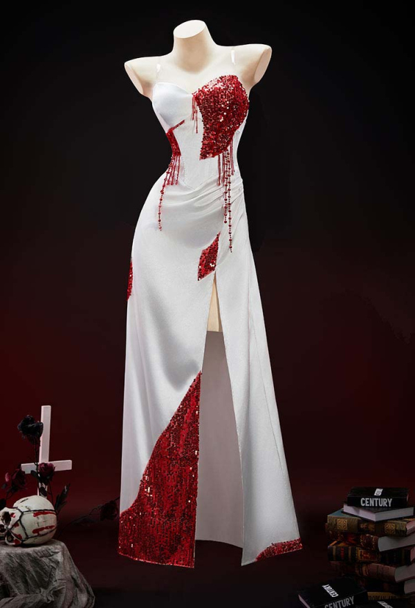 Crimson Veil Halloween Gothic White Red Patchwork Blood Bridal Dress Dark Style Split Gown Dress with Veil Crimson Veil Halloween Gothic White Red Patchwork Blood Bridal Dress Dark Style Split Gown Dress with Veil