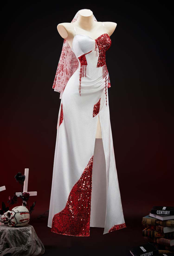 Crimson Veil Halloween Gothic White Red Patchwork Blood Bridal Dress Dark Style Split Gown Dress with Veil Crimson Veil Halloween Gothic White Red Patchwork Blood Bridal Dress Dark Style Split Gown Dress with Veil