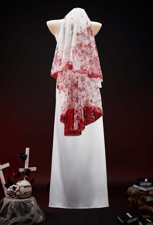 Crimson Veil Halloween Gothic White Red Patchwork Blood Bridal Dress Dark Style Split Gown Dress with Veil Crimson Veil Halloween Gothic White Red Patchwork Blood Bridal Dress Dark Style Split Gown Dress with Veil