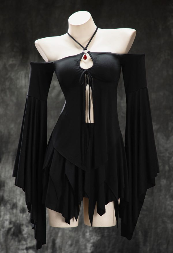 Beauty of Shadow Gothic Black Top Skirt Set Dark Elf Style Irregular Off-shoulder Top and Skirt