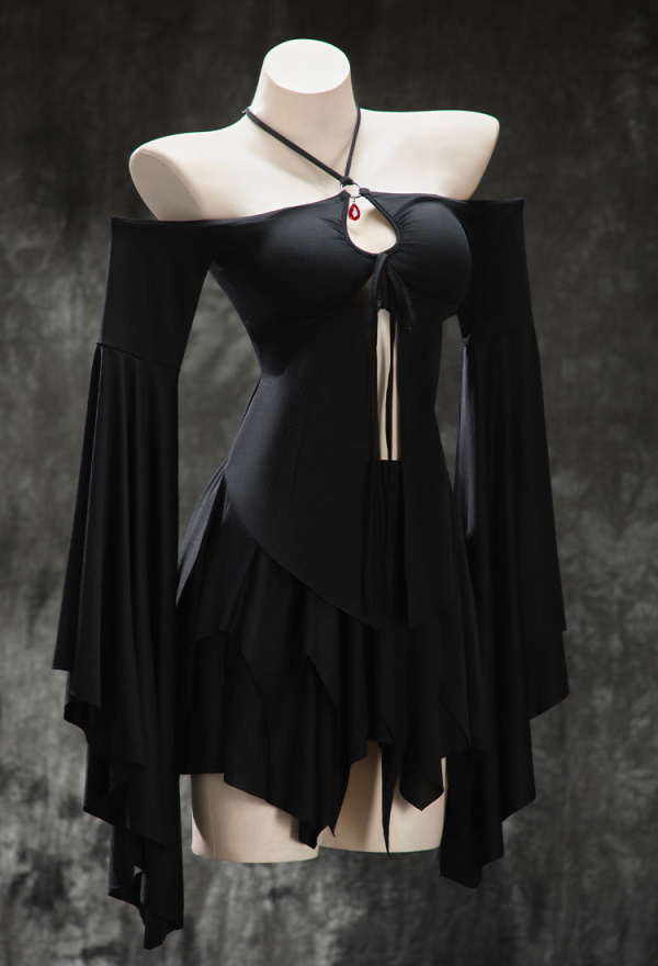 Beauty of Shadow Gothic Black Top Skirt Set Dark Elf Style Irregular Off-shoulder Top and Skirt