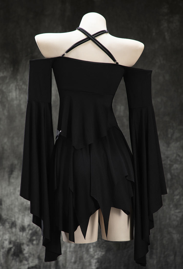 Beauty of Shadow Gothic Black Top Skirt Set Dark Elf Style Irregular Off-shoulder Top and Skirt