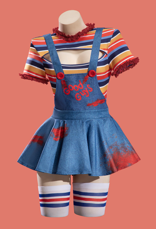 Killer Doll Halloween Gothic Bodysuit Overalls Set Multicolor Striped Cutout Bodysuit with Overalls and Stockings