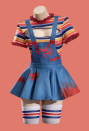 Killer Doll Halloween Gothic Bodysuit Overalls Set Multicolor Striped Cutout Bodysuit with Overalls and Stockings