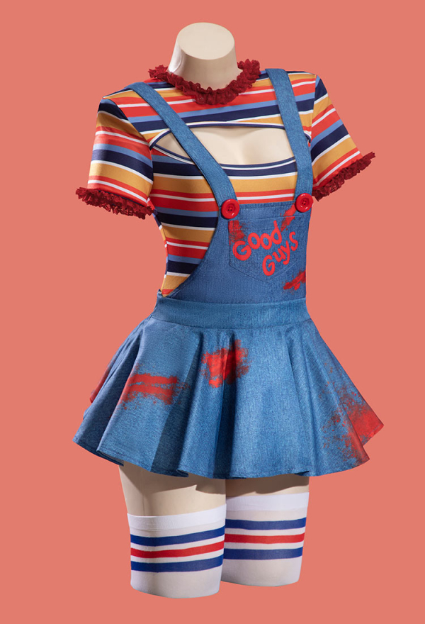 Killer Doll Halloween Gothic Bodysuit Overalls Set Multicolor Striped Cutout Bodysuit with Overalls and Stockings