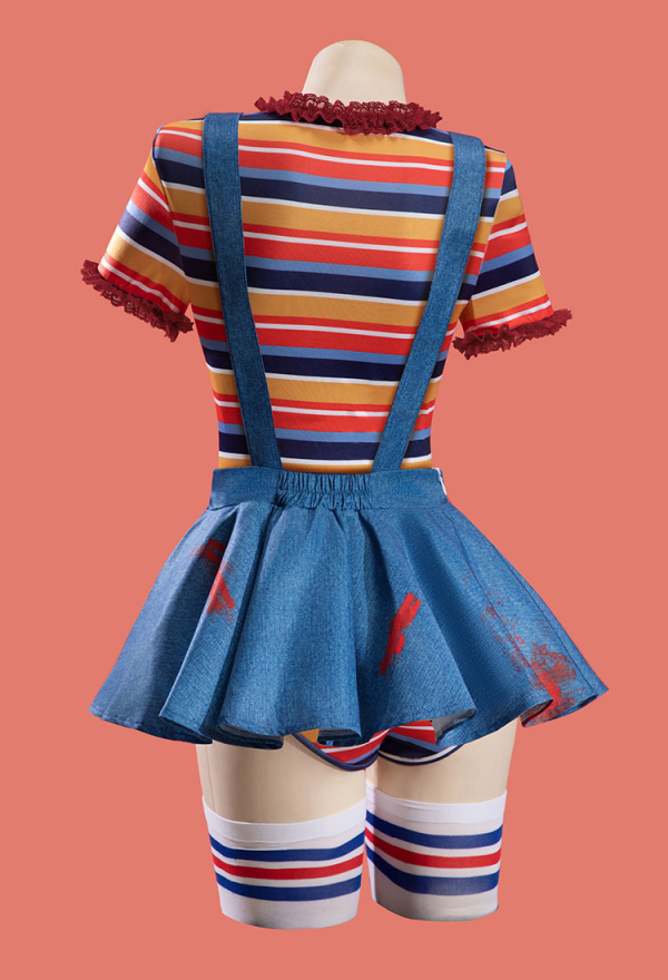 Killer Doll Halloween Gothic Bodysuit Overalls Set Multicolor Striped Cutout Bodysuit with Overalls and Stockings