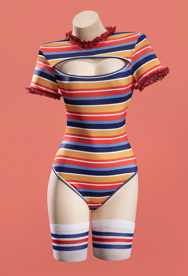 Killer Doll Halloween Gothic Bodysuit Overalls Set Multicolor Striped Cutout Bodysuit with Overalls and Stockings